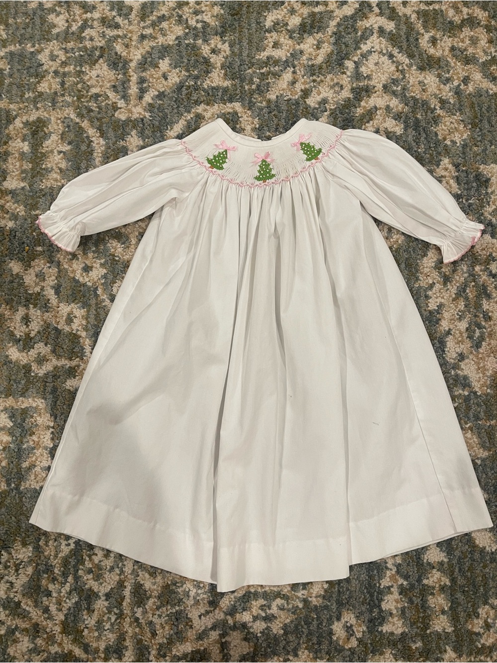 Girls White Smocked Dress with Pink Trim and Green Tree Embroidery